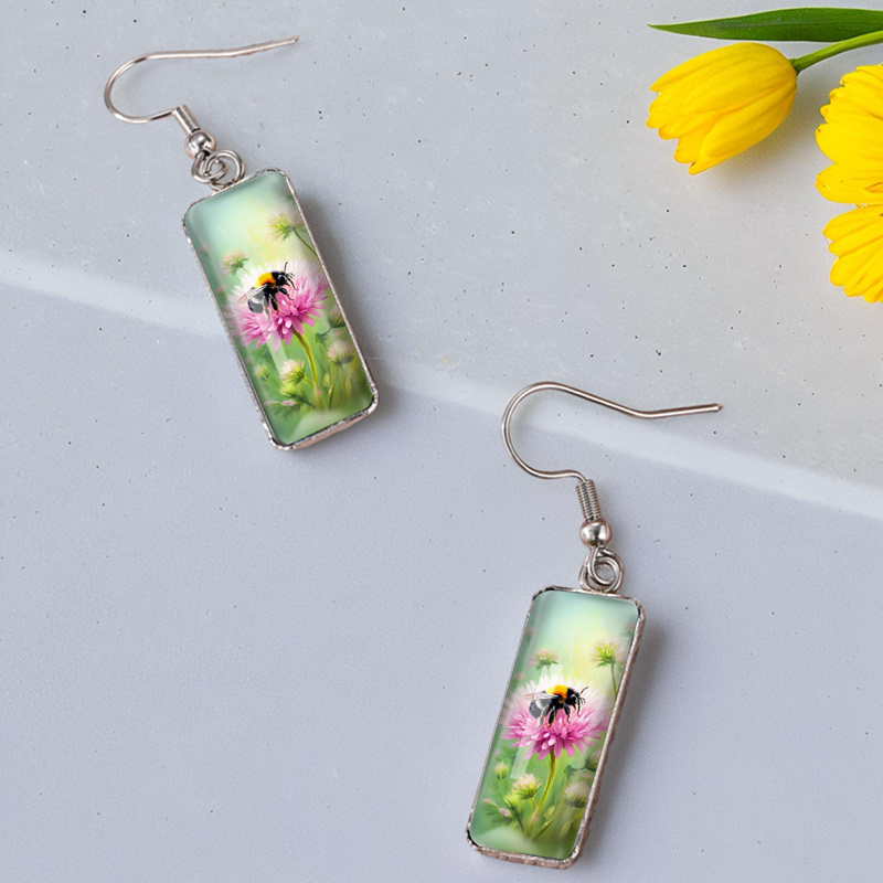 Bee and Pink Chrysanthemums Rectangular Fish Hook Earrings